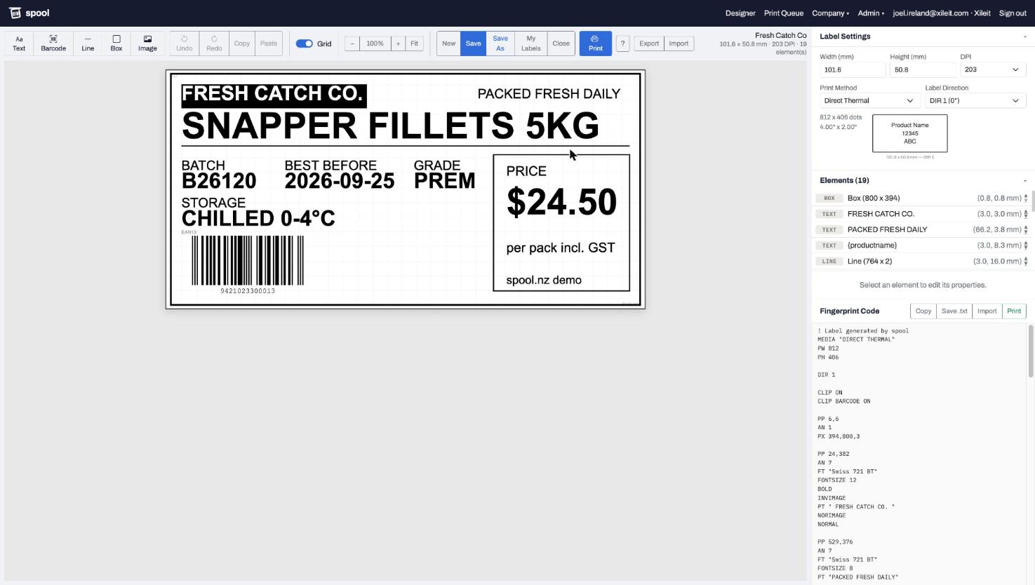 The label designer: a retail label with product, batch, best before, price and an EAN-13 barcode on the canvas, with printer code generated live