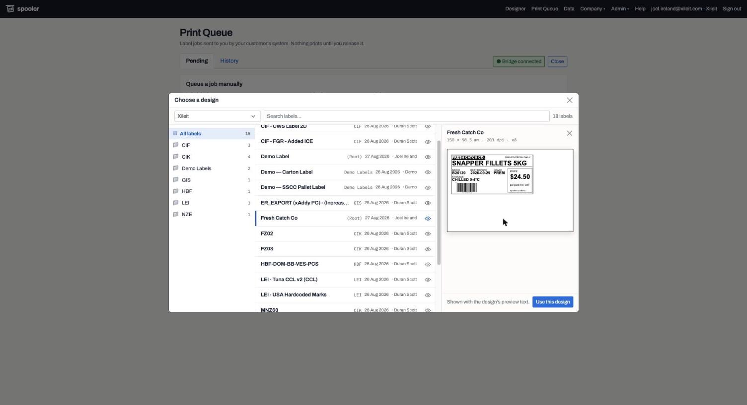The design picker: folders with counts on the left, a searchable label list, and a live preview of the selected carton label